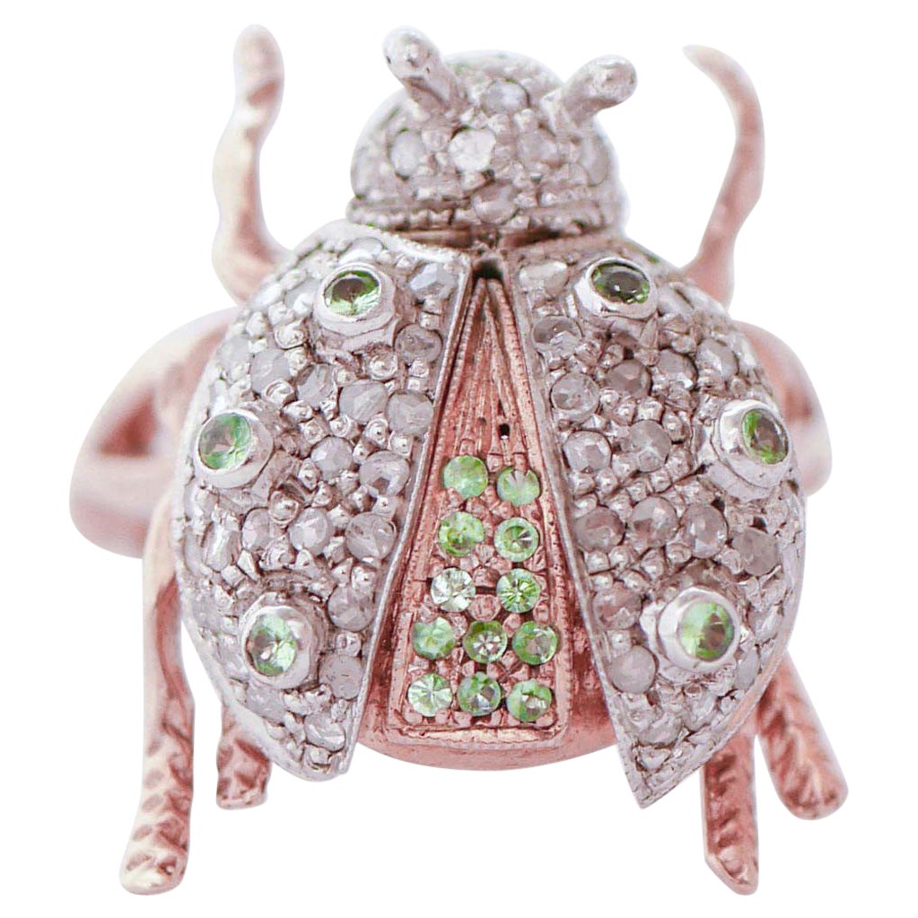 Tsavorites, Diamond, Rose Gold and Silver Ladybug Fashion Ring For Sale