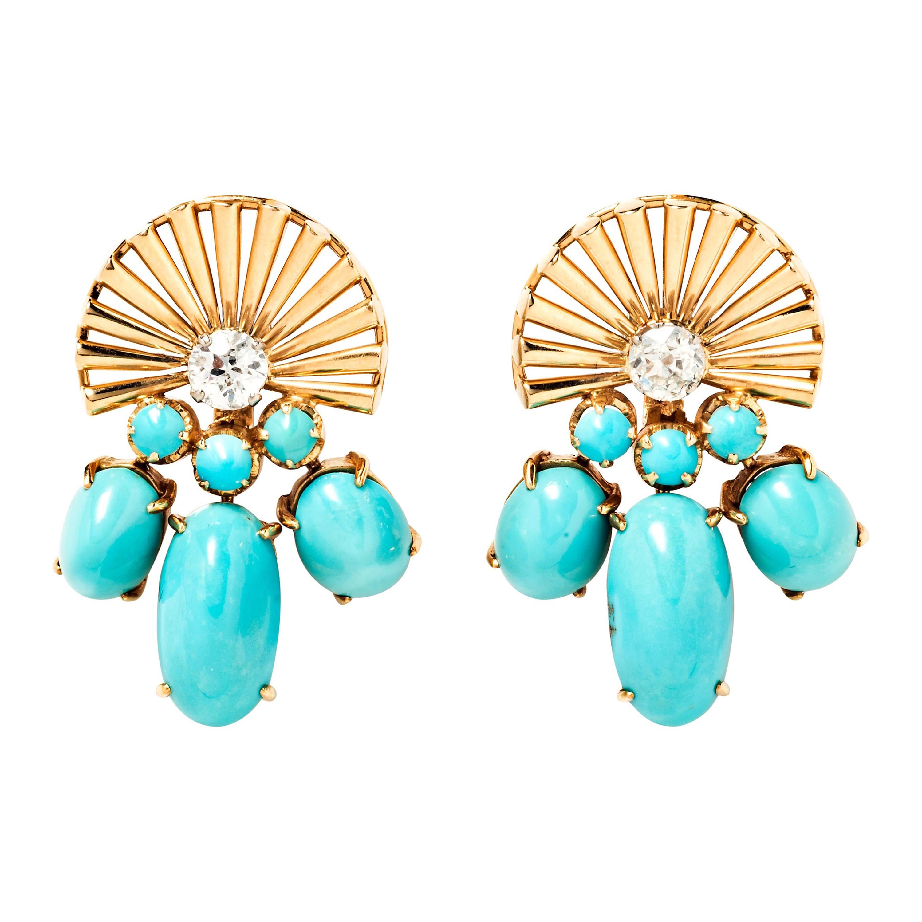 Retro Turquoise and Diamond Ear Clips For Sale