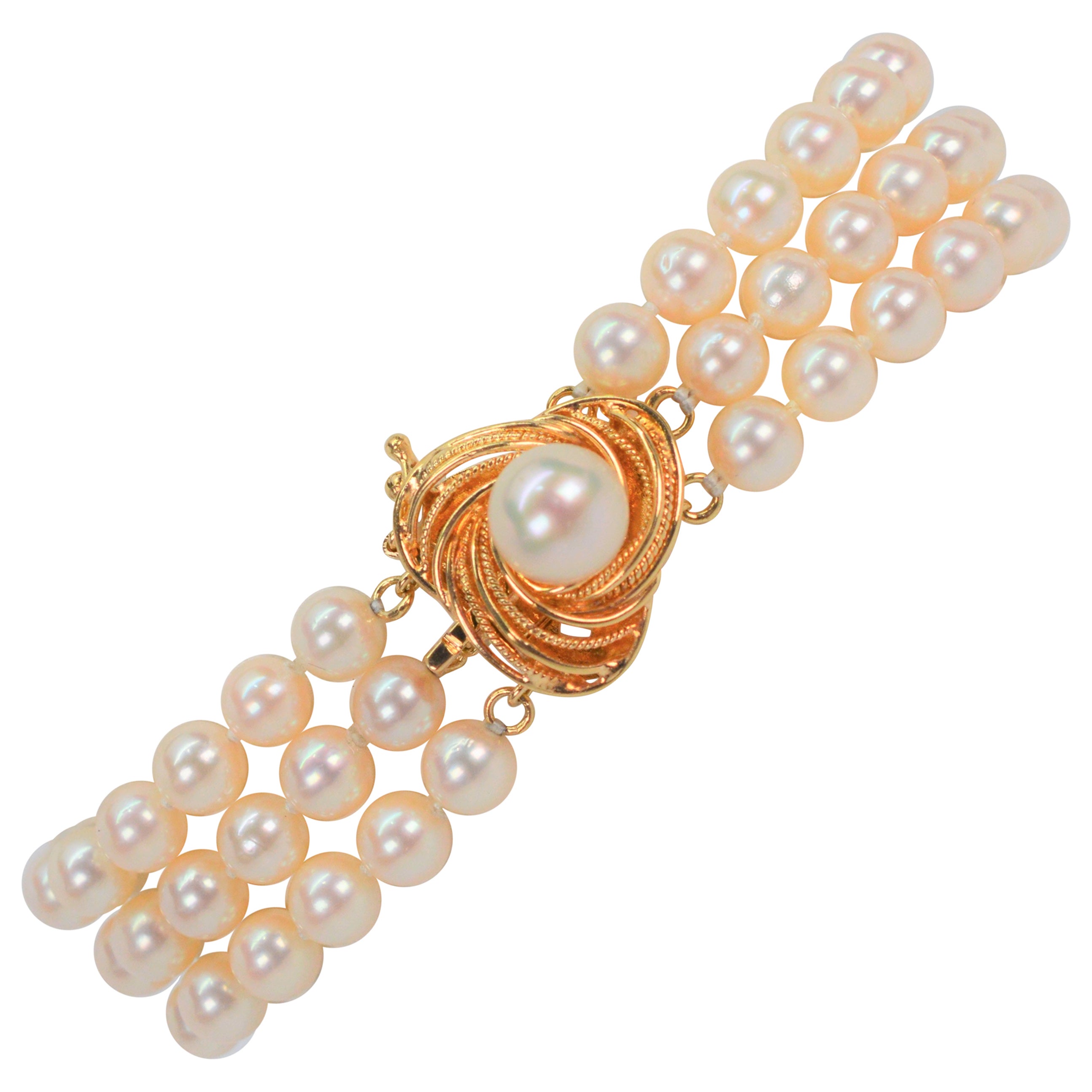 Pearl Triple Strand Bracelet w 14K Gold Swirl Charm Box Clasp w Pearl