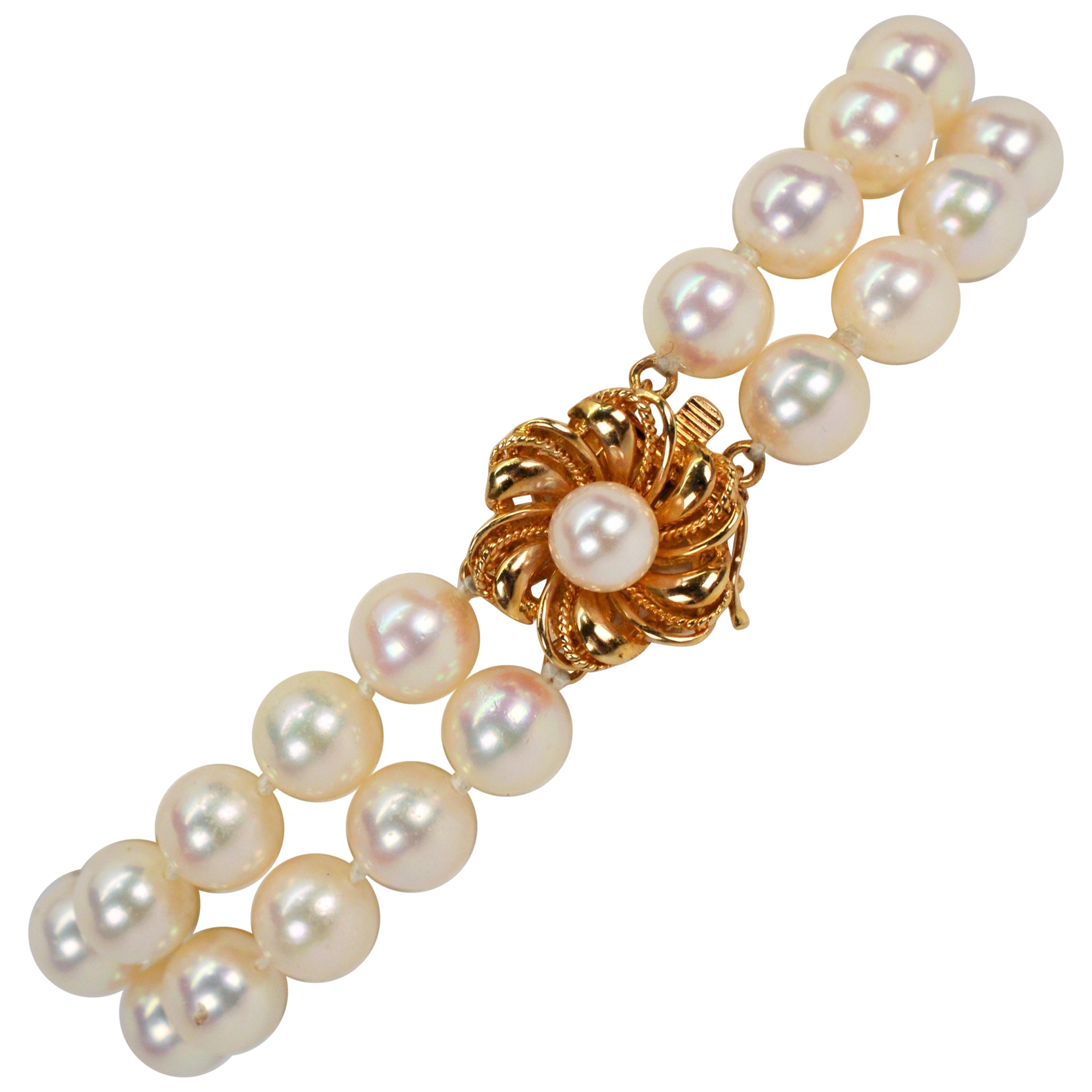 14K Yellow Gold Floral Charm Double Strand Pearl Bracelet For Sale