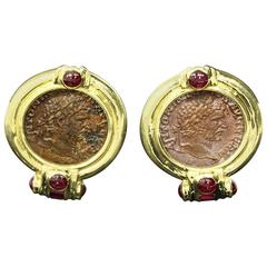 Ancient Roman Style Coin Ruby Gold Earrings