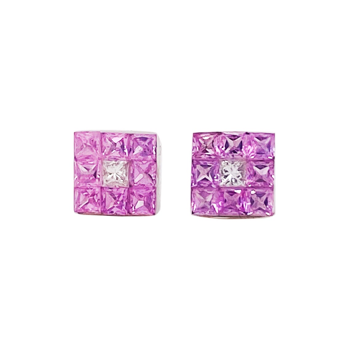 Itty Bitty Pink Sapphire & Diamond Studs, 18K White Gold September Birthstone Lv For Sale