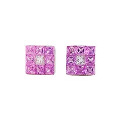 Itty Bitty Pink Sapphire & Diamond Studs, 18K White Gold September Birthstone Lv