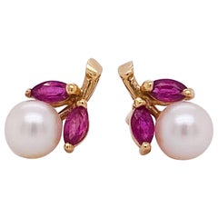 Sweet Cherry Studs, Pearl and Ruby Cherries, 14K Yellow Gold, June & July Duo