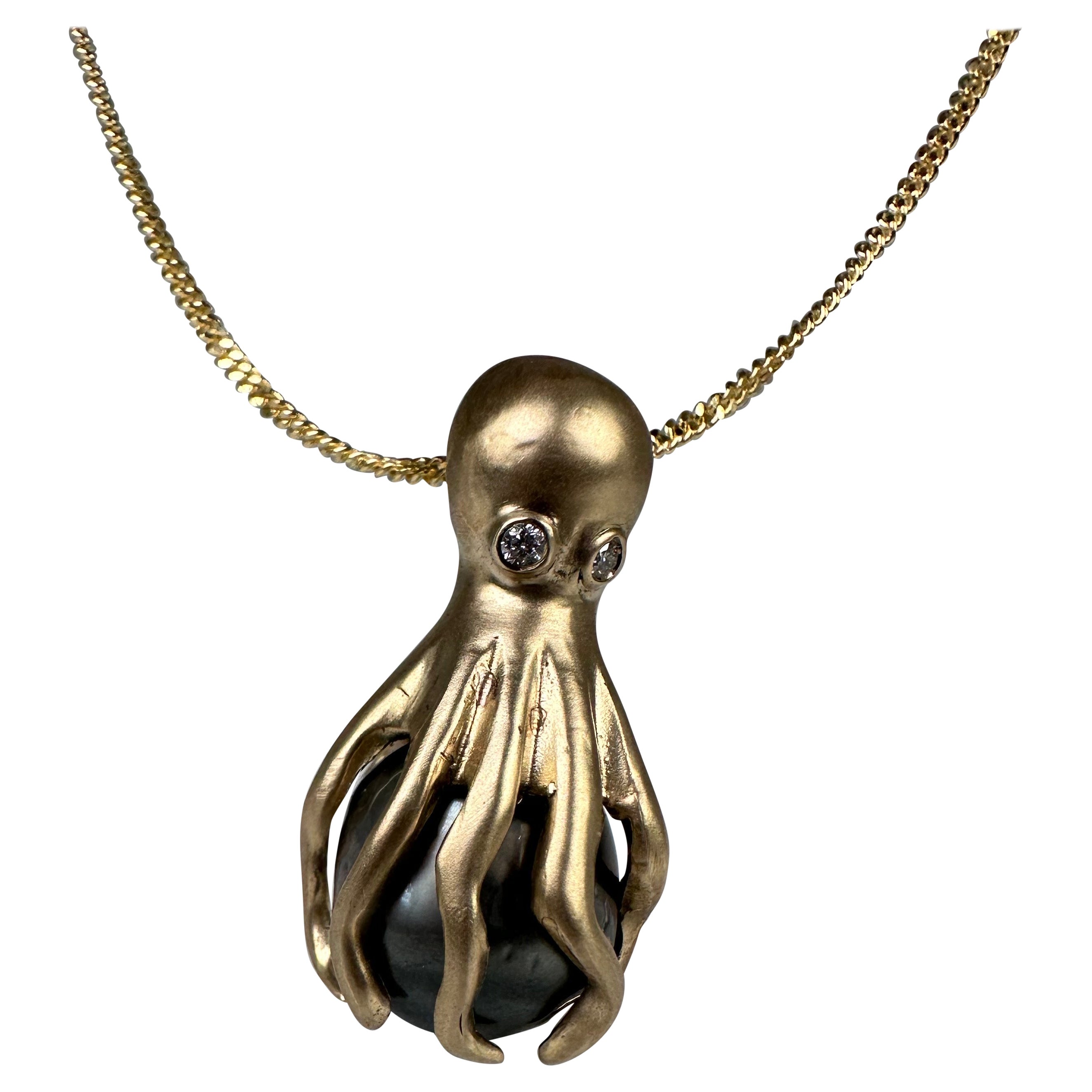 Tahitian Pearl Necklace Octopus Pendant Necklace 14kt Gold Natural Diamonds For Sale