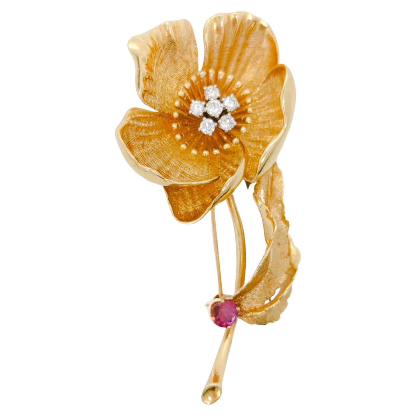 Ruby and Diamond Flower Brooch in 14Karat Yellow Gold For Sale