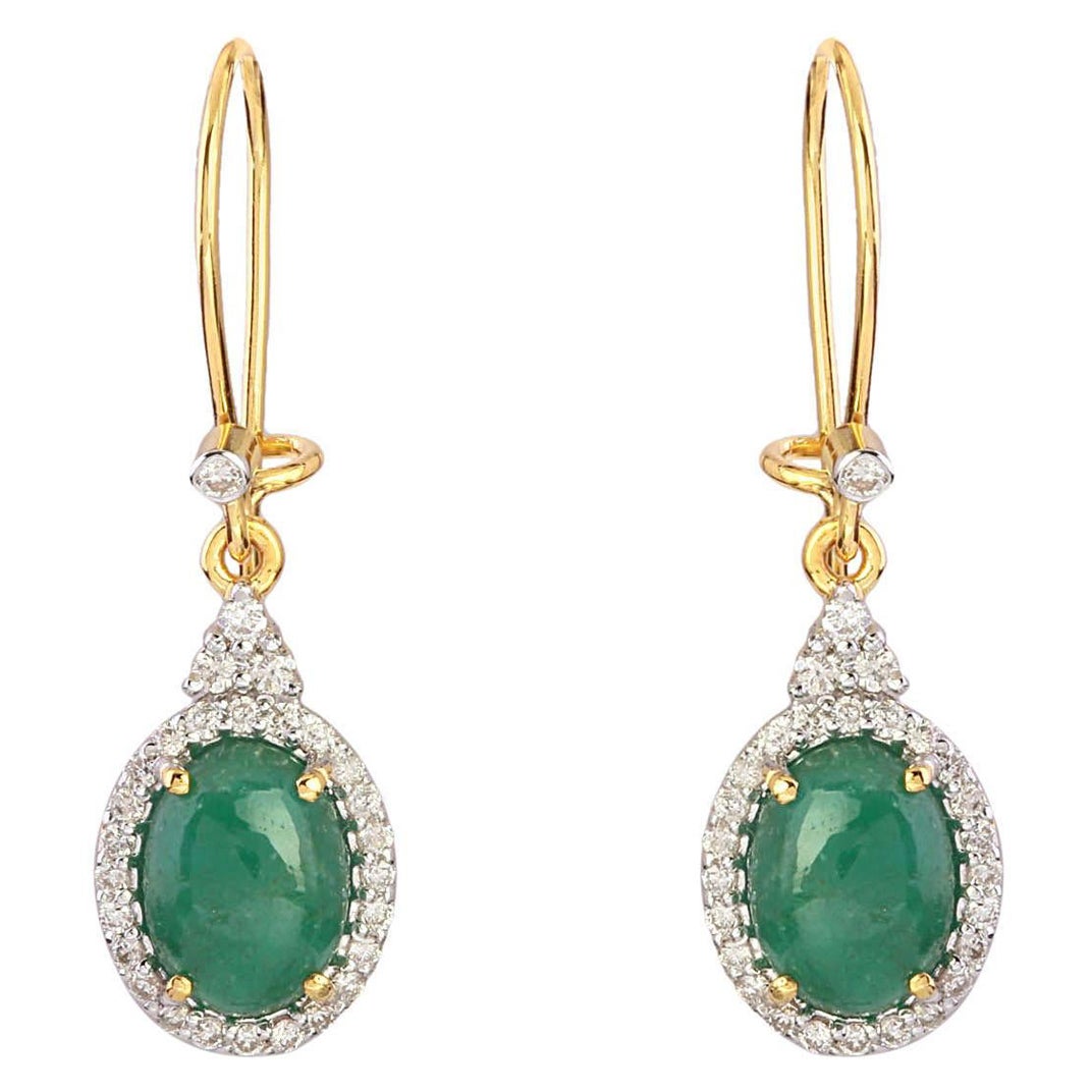 Emerald Dangle Earrings with Diamond in 14k Gold For Sale
