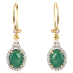 Emerald Dangle Earrings with Diamond in 14k Gold