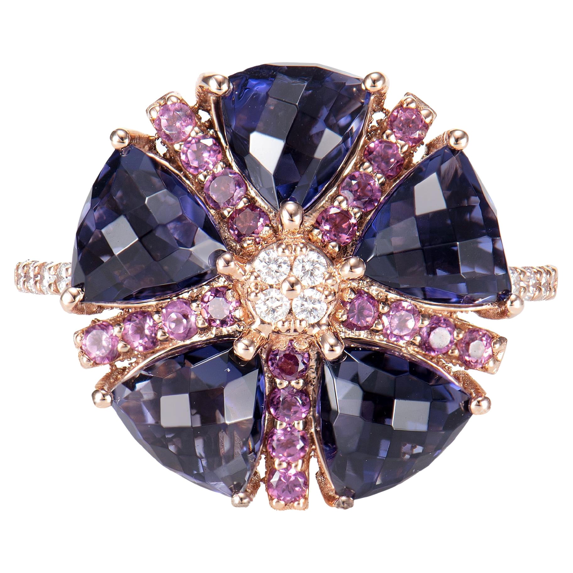 3.56 Carat Iolite Fancy Ring in 18K Rose Gold with Rhodolite and White Diamond For Sale