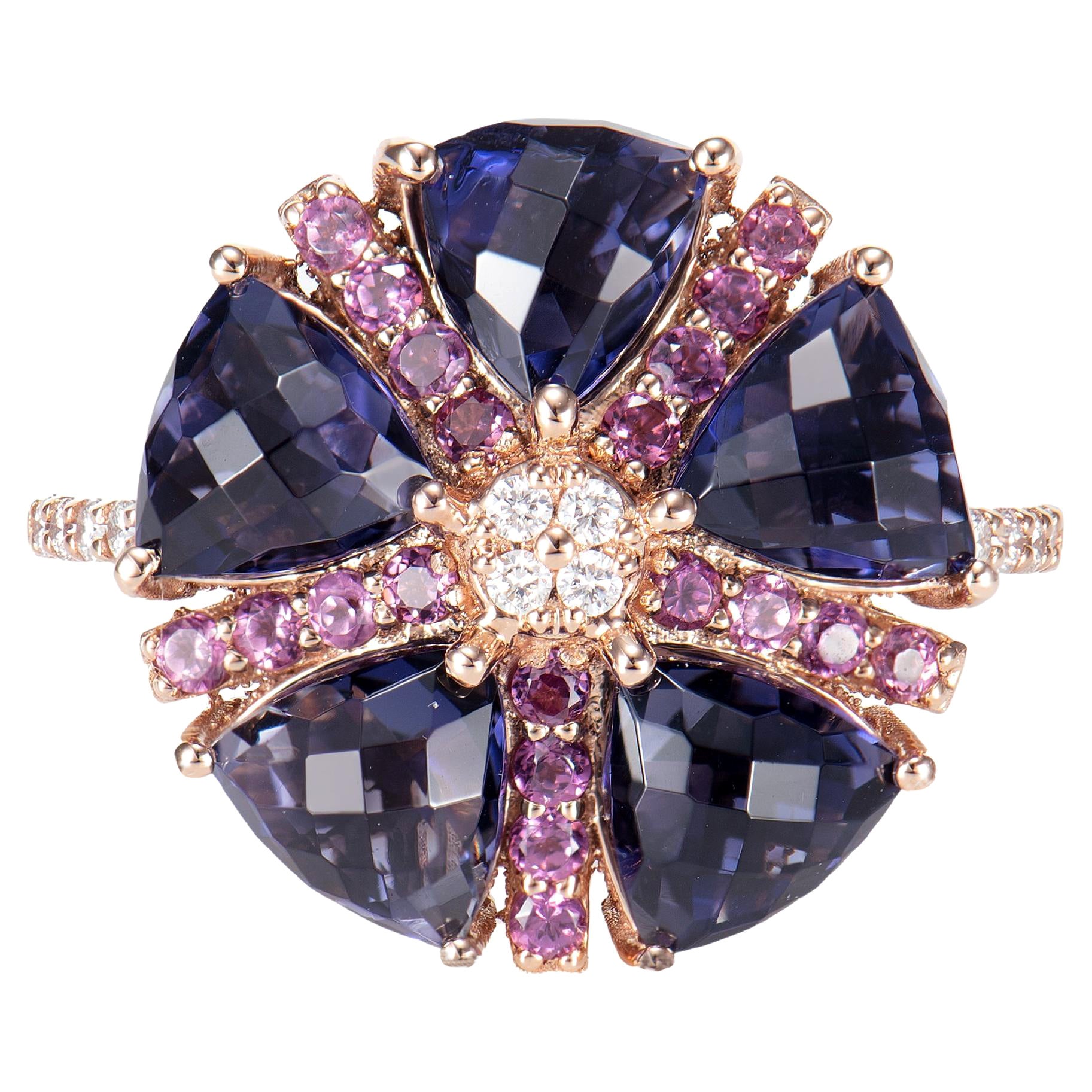 Sunita Nahata Iolite 3.56ct. Fancy Ring in 18KRG with Rhodolite & Diamond