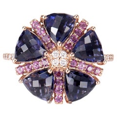 3.56 Carat Iolite Fancy Ring in 18K Rose Gold with Rhodolite and White Diamond