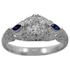 Art Deco .52 Carat Diamond Sapphire Gold Engagement Ring 