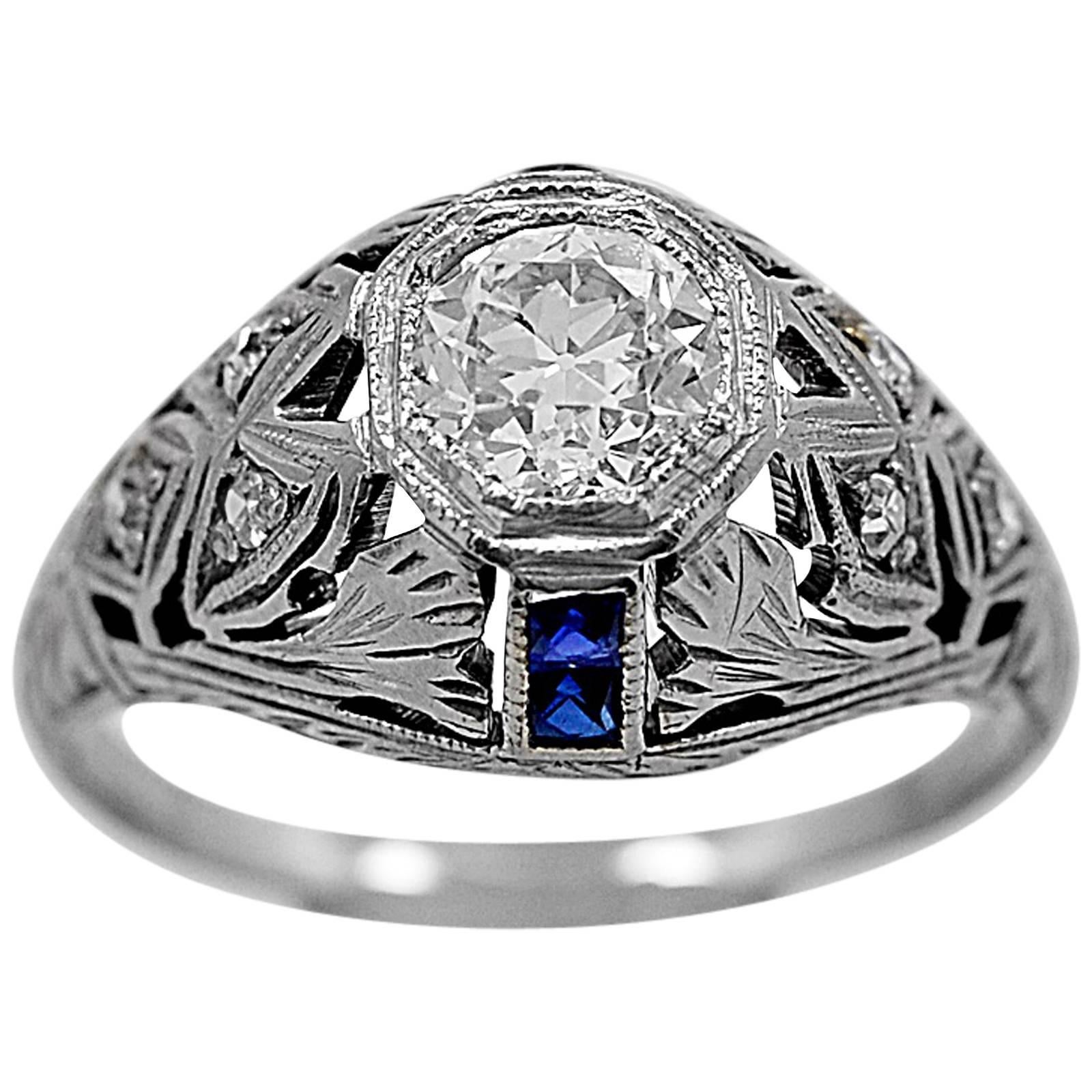 Art Deco .65 Carat Diamond Sapphire Gold Engagement Ring  For Sale