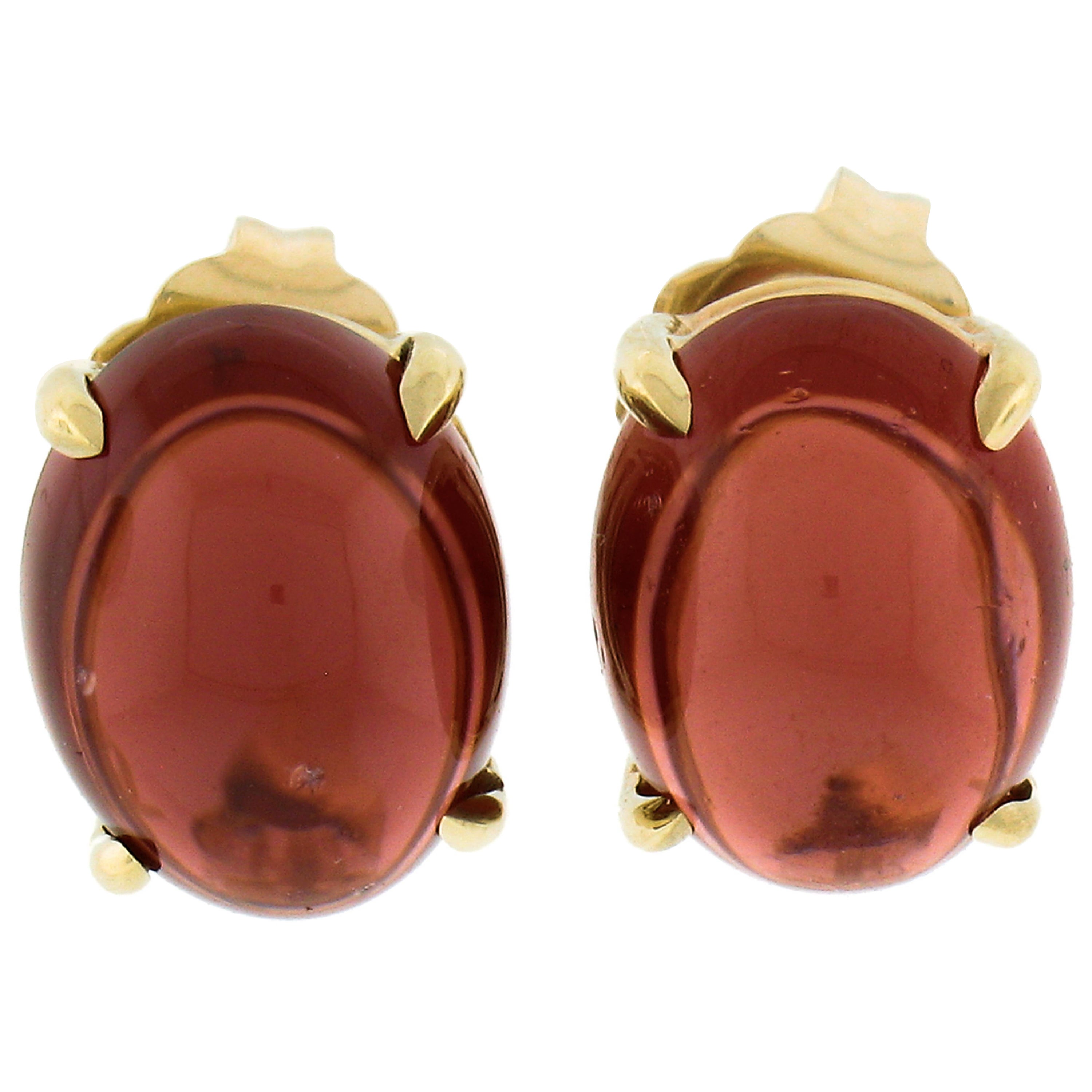 New 14k Yellow Gold 5.57ctw Oval Cabochon Natural Rich Red Garnet Stud Earrings For Sale