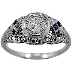 Art Deco .43 Carat Sapphire Diamond Gold Engagement Ring