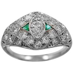 Art Deco .20 Carat Diamond Emerald Platinum Engagement Ring