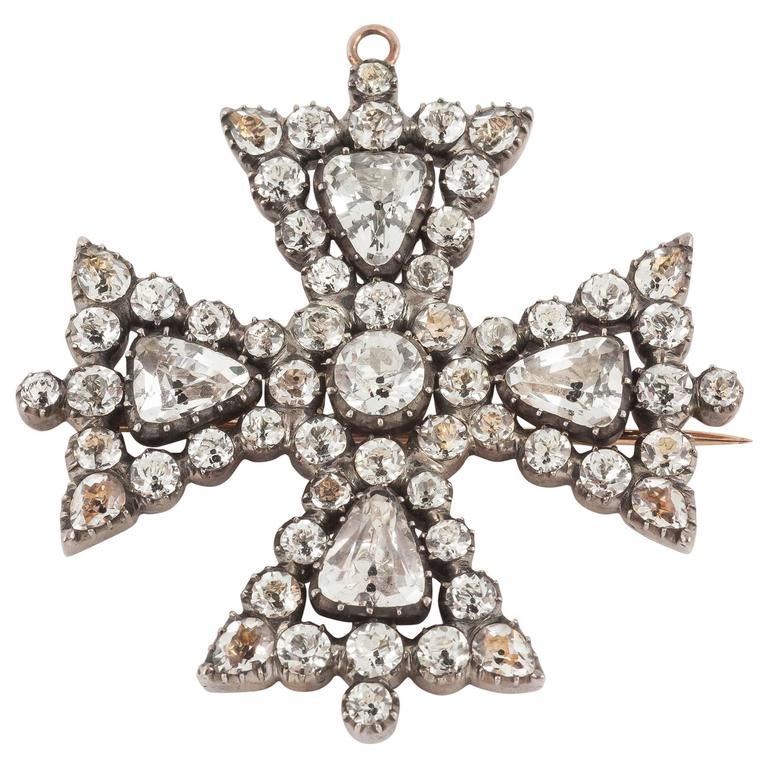 1820s English White Crystal Maltese Cross Brooch For Sale at 1stDibs