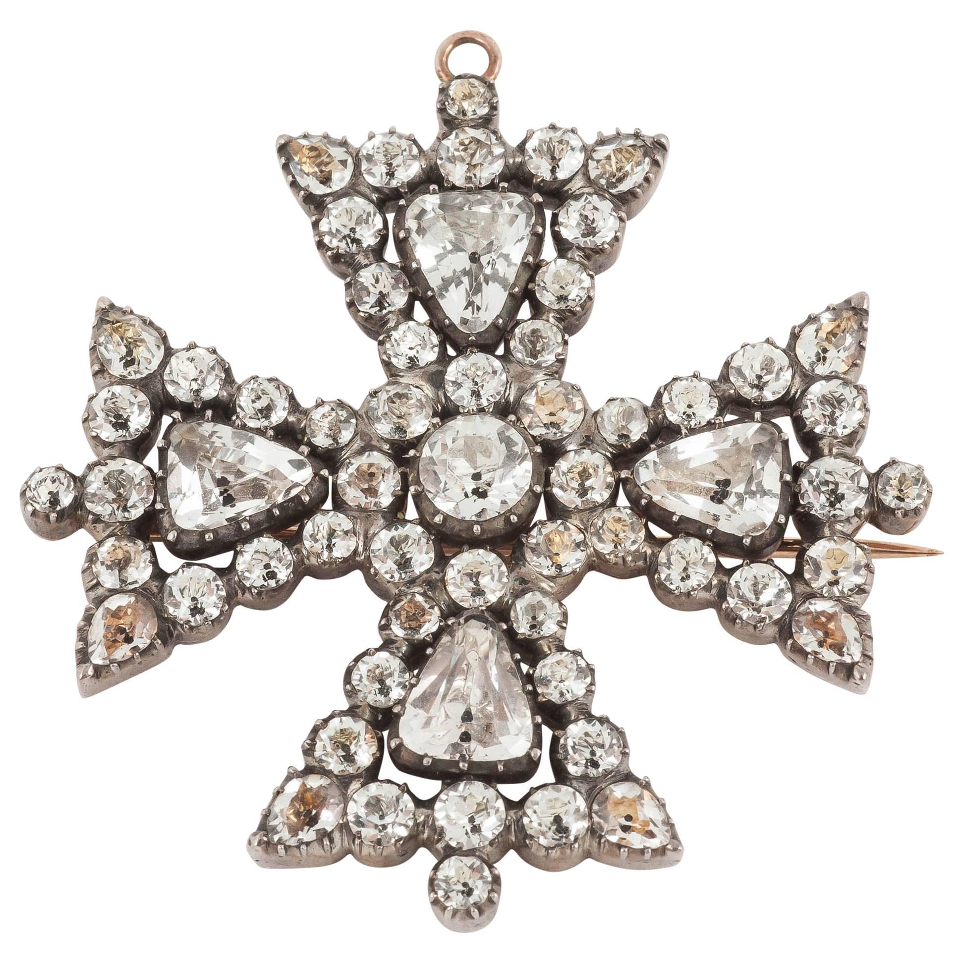 1820s English White Crystal Maltese Cross Brooch For Sale