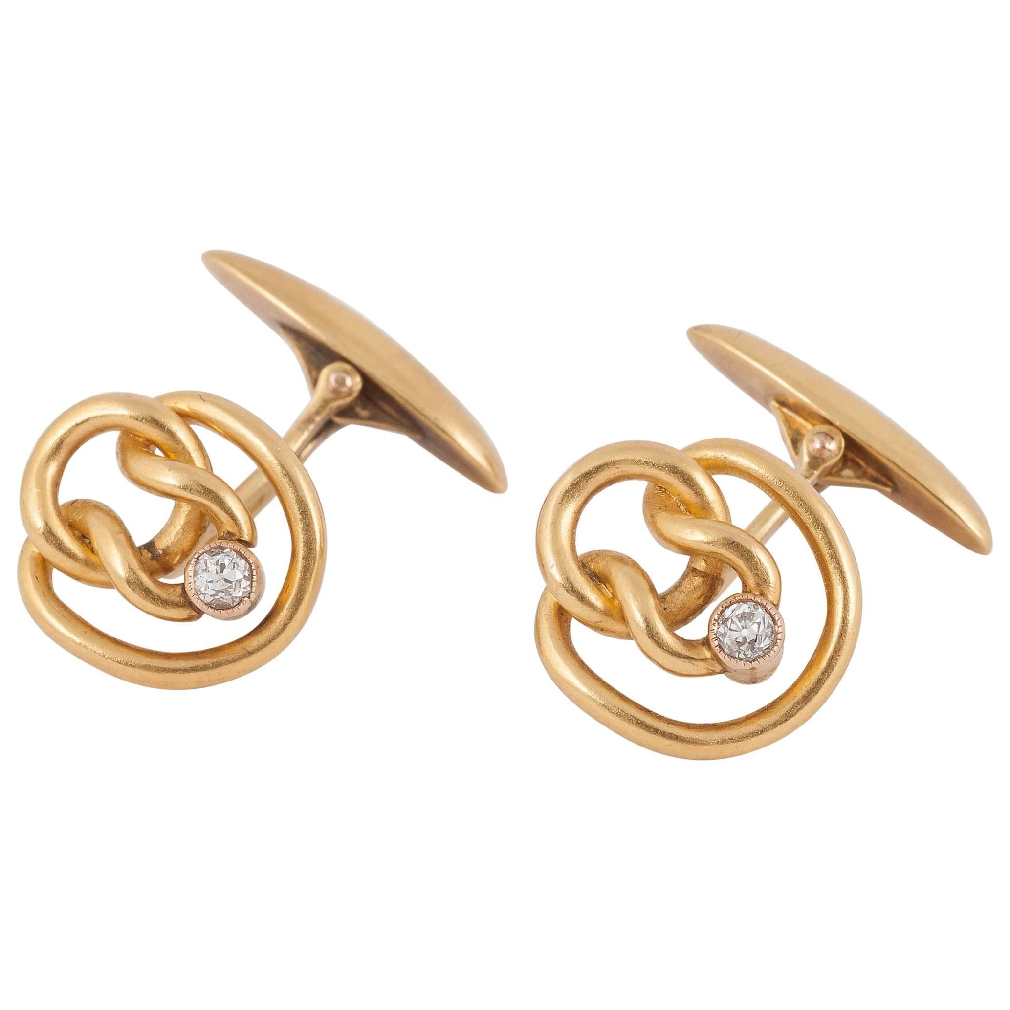 Cufflinks, 14 Karat Gold Entwined Knots with Diamond Collet, Russian circa 1890 For Sale