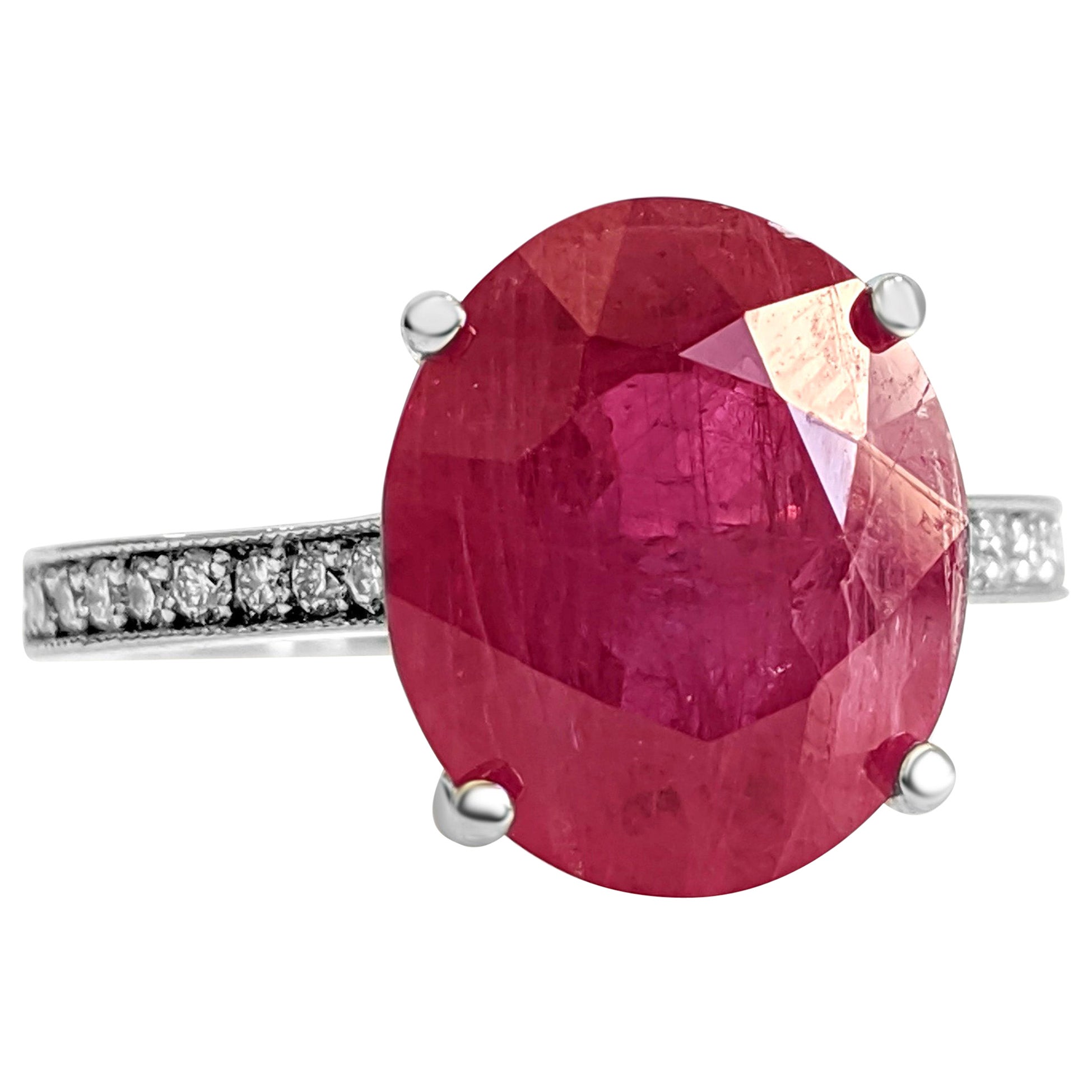 $1 NO RESERVE! 6.31ct Red Ruby and 0.20ct Diamonds, 14k White Gold Ring ...