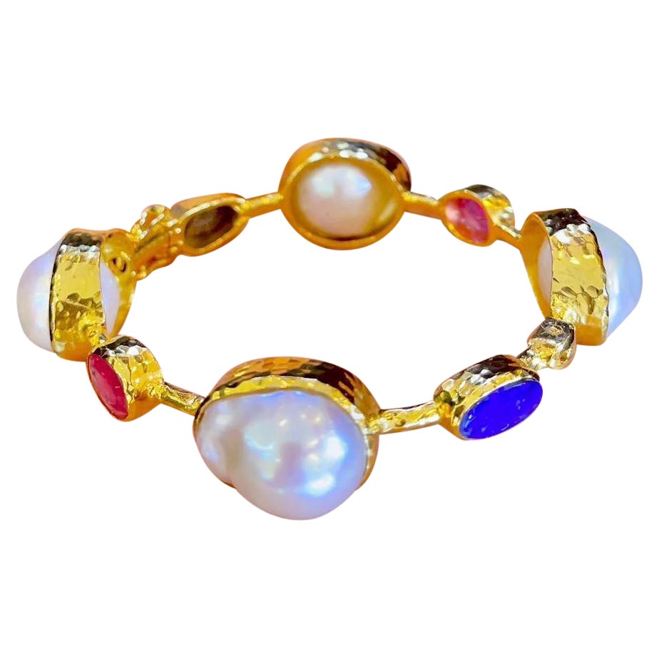 Bochic “Capri” Bangle, Australian Opal, Ruby & South Sea Pearls Set in 22k Gold  For Sale