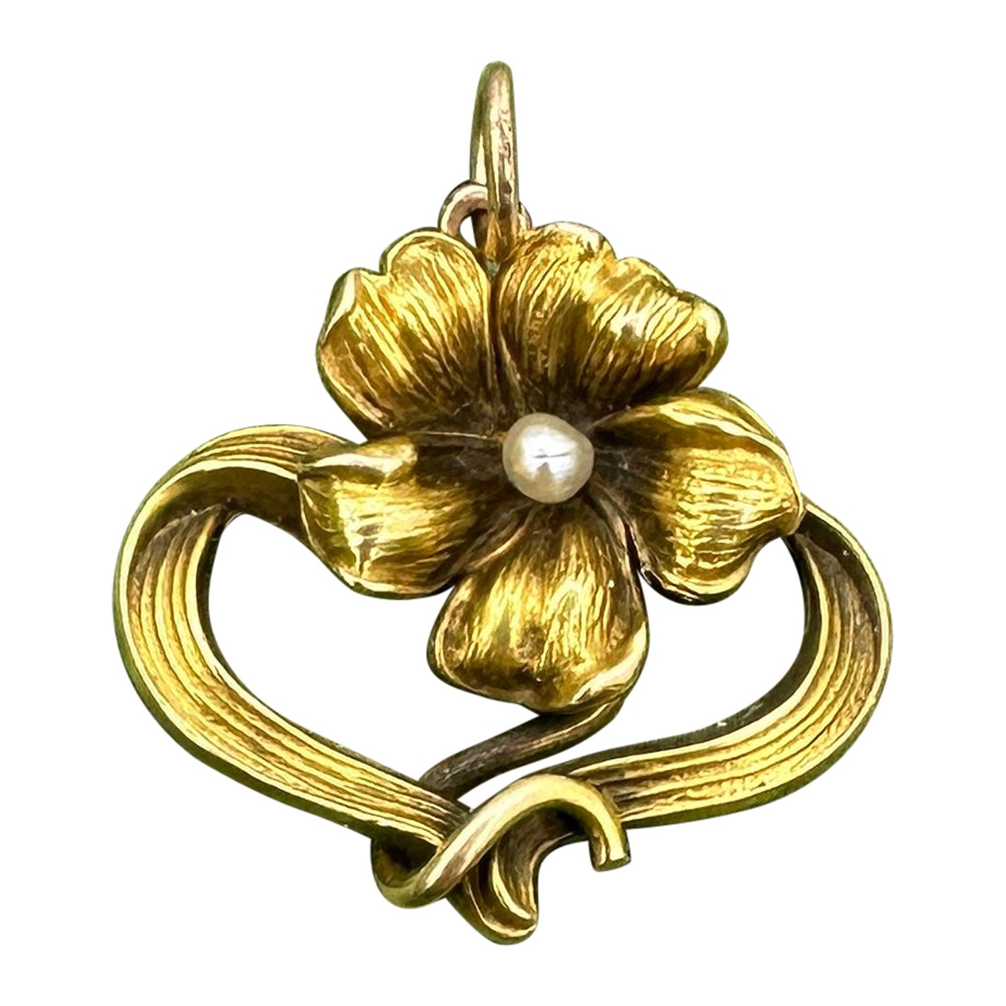 Art Nouveau Flower Pearl Pendant Necklace Gold Antique For Sale