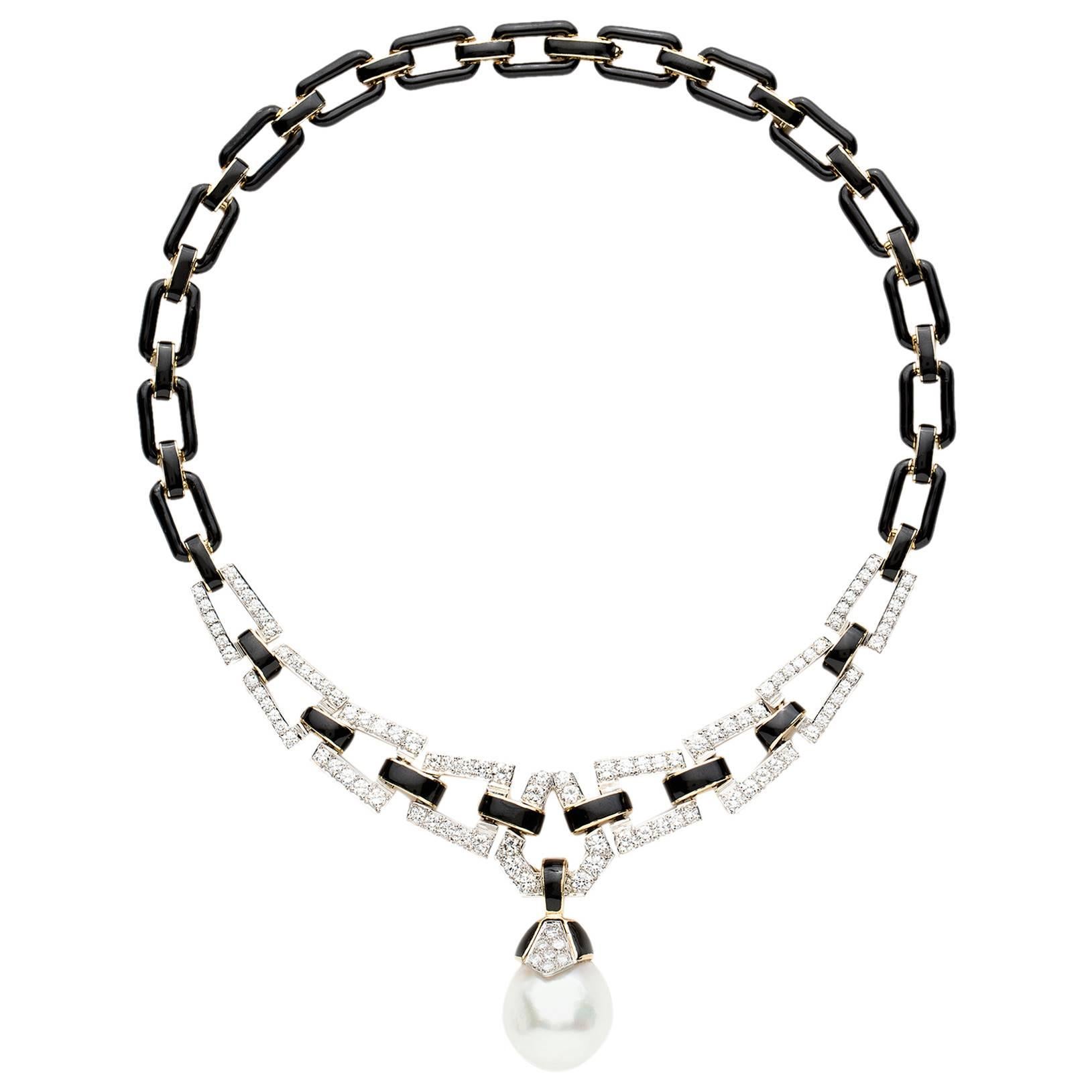David Webb Black Enamel Baroque Pearl Diamond Gold Link Necklace