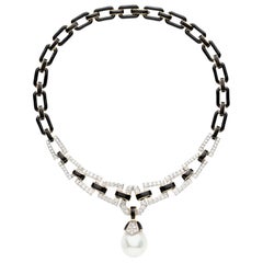 Vintage David Webb Black Enamel Baroque Pearl Diamond Gold Link Necklace