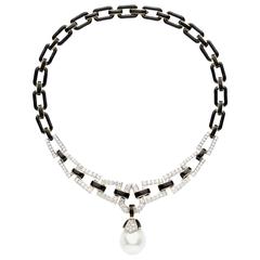 David Webb Black Enamel Baroque Pearl Diamond Gold Link Necklace 5