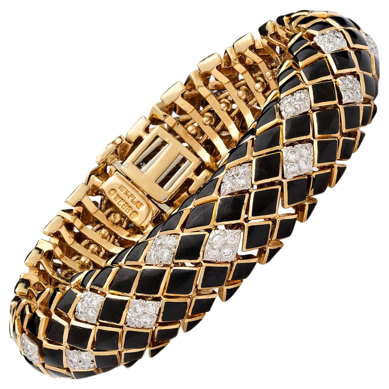 David Webb Black Enamel Diamond Gold Bracelet For Sale