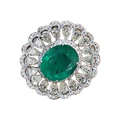 Natural Zambian Emerald Ring with 6.30 Cts and 3.11 Cts Diamond Pears in 14k