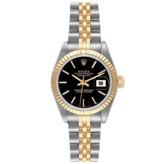 Rolex Datejust Steel Yellow Gold Black Dial Ladies Watch 69173 Box Papers