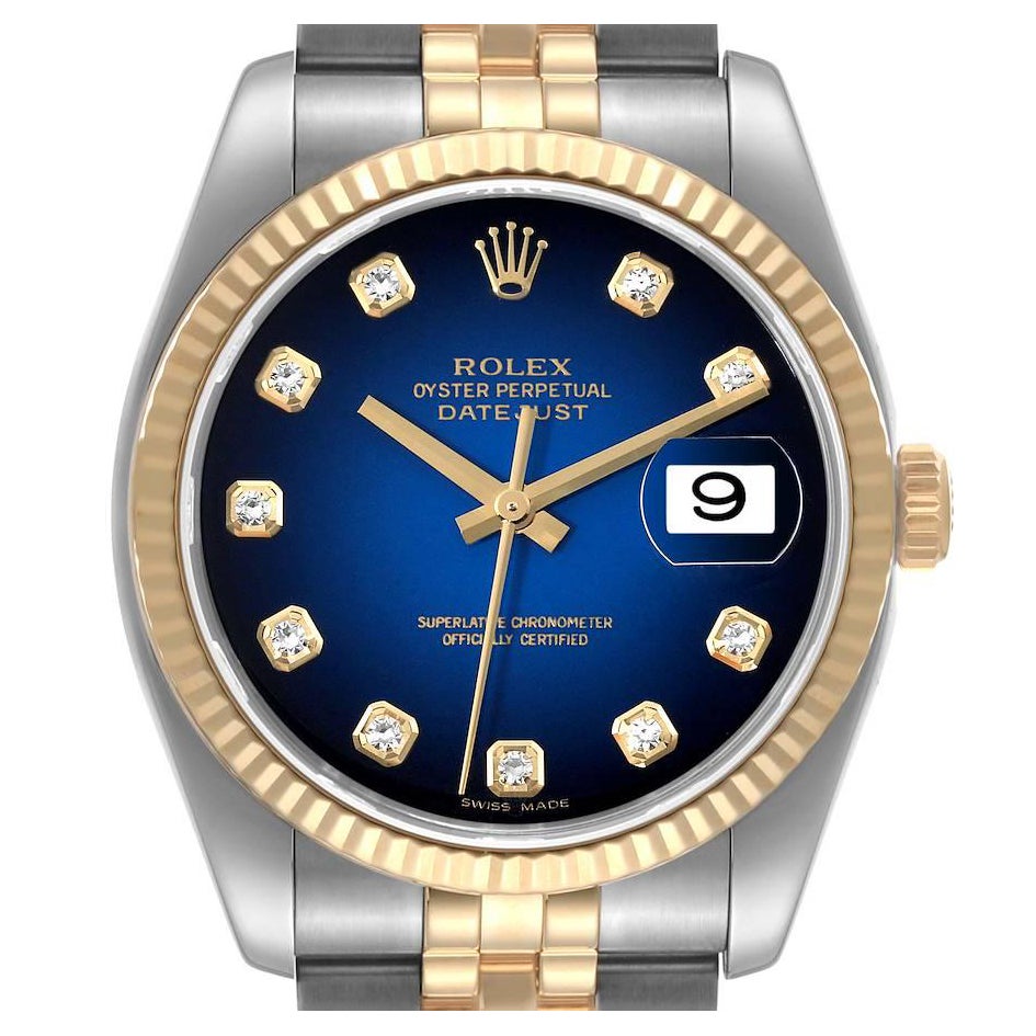 Rolex Datejust Steel Yellow Gold Blue Vignette Diamond Dial Mens Watch 116233