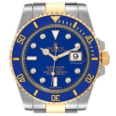 Rolex Submariner Steel Yellow Gold Blue Diamond Dial Mens Watch 116613 Box Card