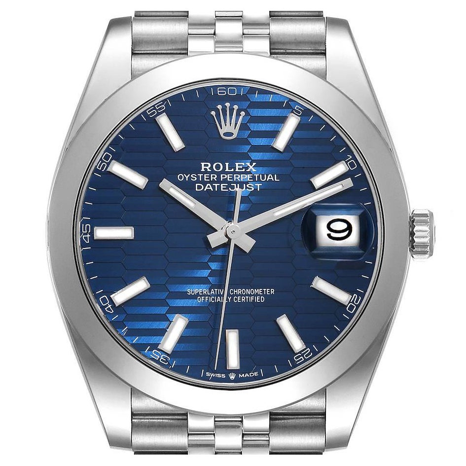 Rolex Datejust Blue Fluted Dial Smooth Bezel Steel Mens Watch 126300 Unworn