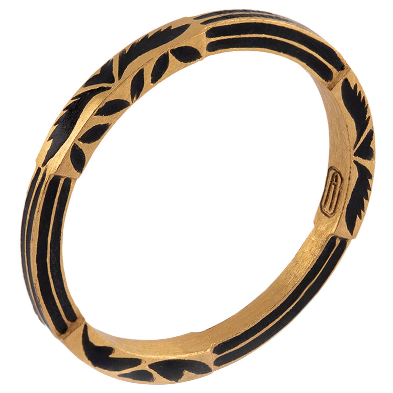 22 Karat Gold Schwarzer Emaille-Ring mit Blumenmuster und gestreiftem Unendlichkeitsring, handgefertigt von Agaro 