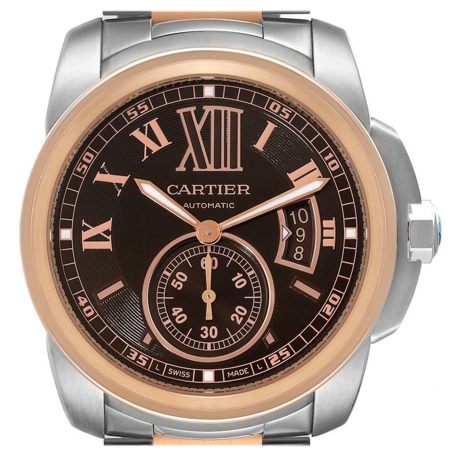 Cartier Calibre Brown Dial Rose Gold Steel Mens Watch W7100050 Box Card For Sale