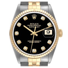 Rolex Datejust Steel Yellow Gold Black Diamond Dial Mens Watch 16233