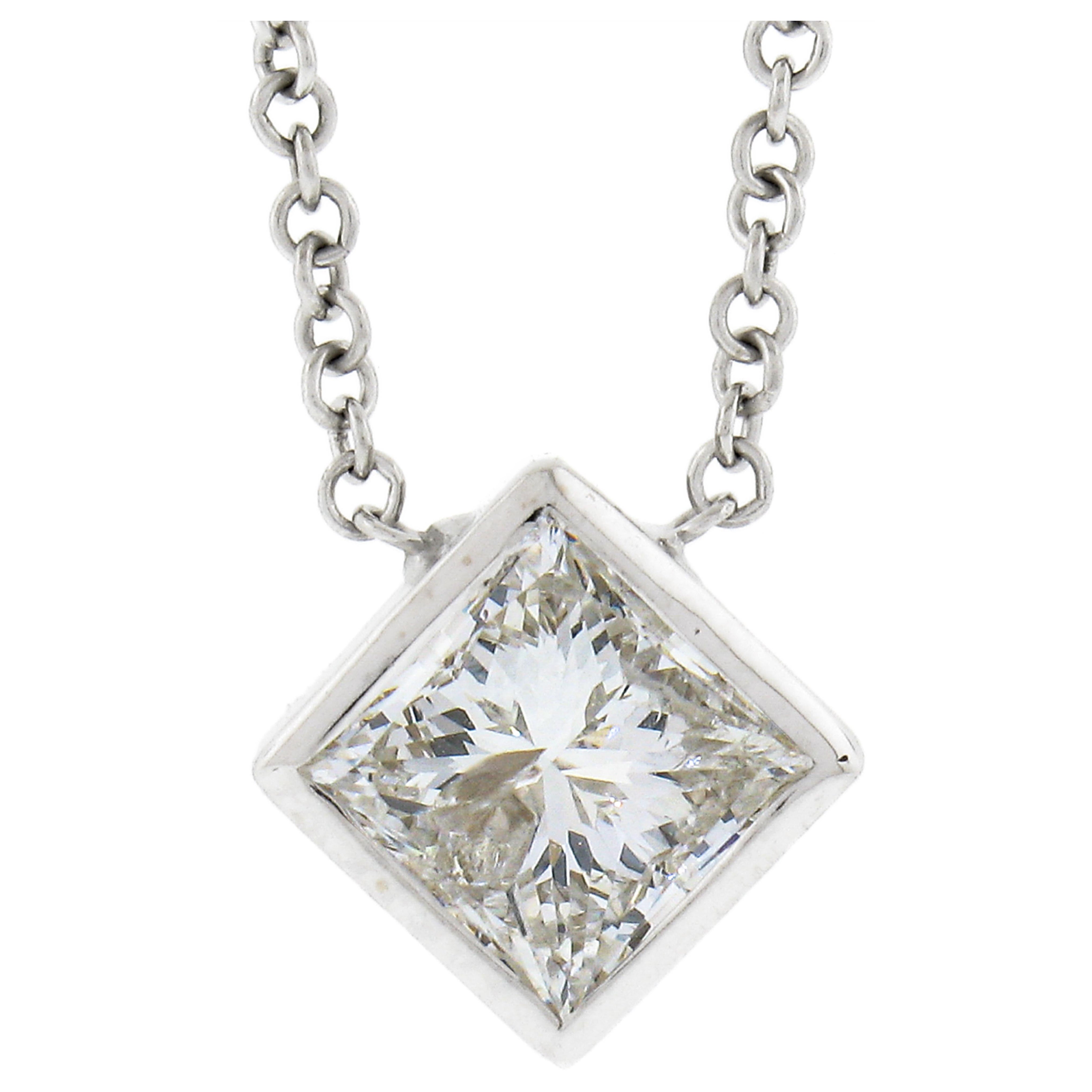 NEW 14k White Gold 0.59ctw Princesse Cut Bezel Diamond Solitaire Pendant Necklace