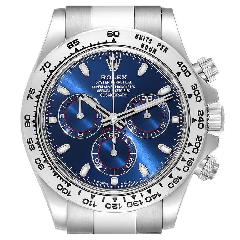Montre chronographe Rolex Daytona pour homme à cadran bleu et or blanc  116509 avec carte de visite sur 1stDibs | daytona fond bleu