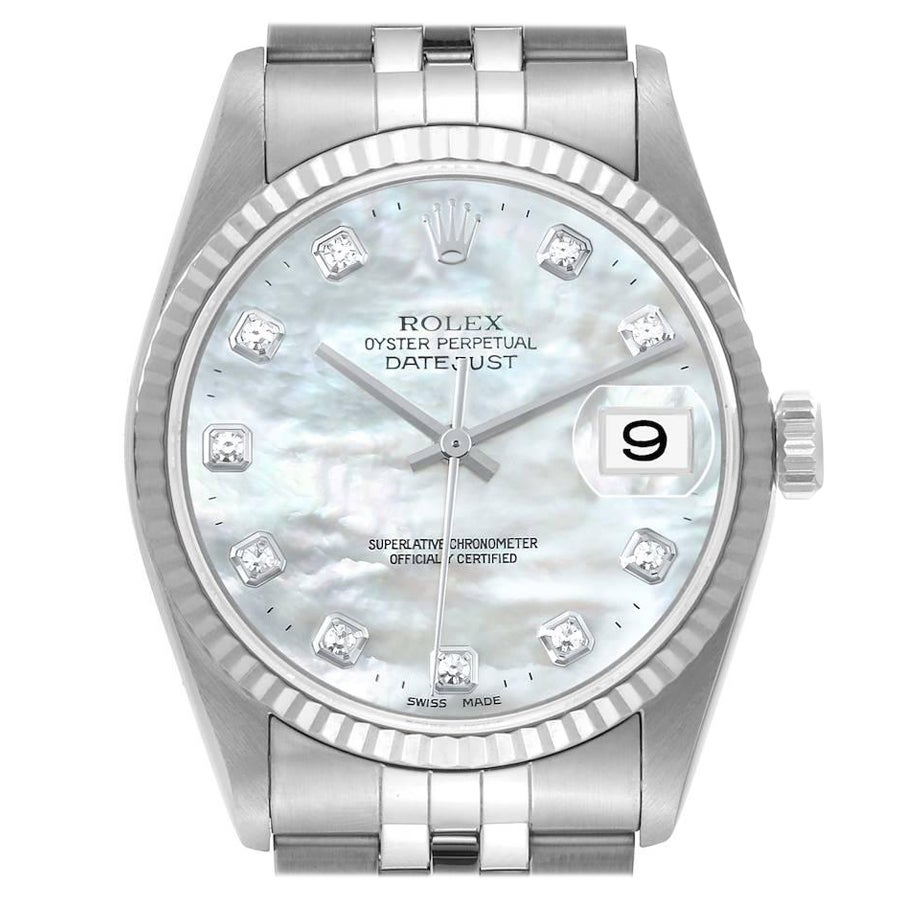 Rolex Datejust Steel White Gold Mother of Pearl Diamond Dial Mens Watch 16234
