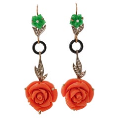 Coral, Green Agate, Onyx, Diamonds, Pearls, Rose Gold and Silver Dangle Earrings