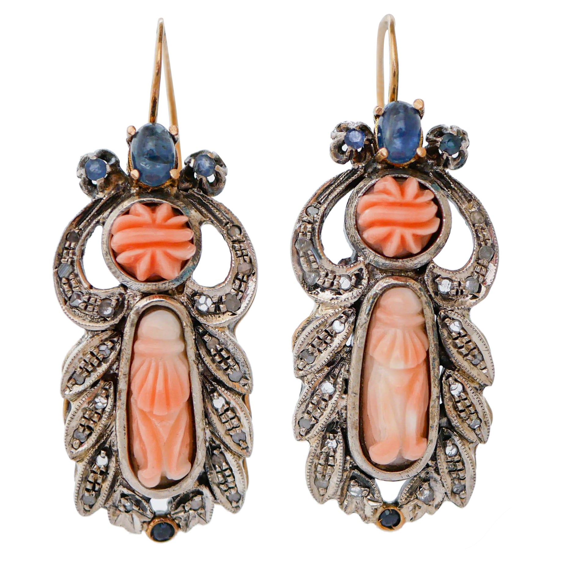 Coral, Sapphires, Diamonds, 14 Karat Rose Gold and Silver Earrings.