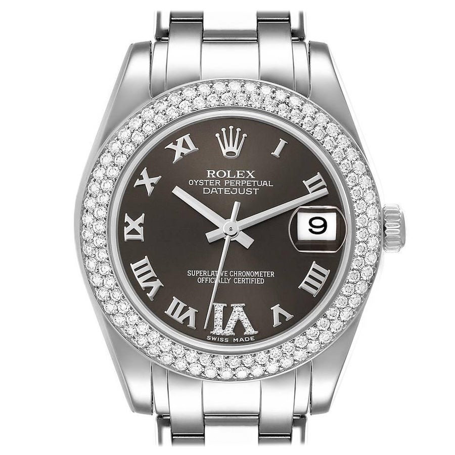 Rolex Pearlmaster 18k White Gold Diamond Dial Ladies Watch 81339 Box Card For Sale