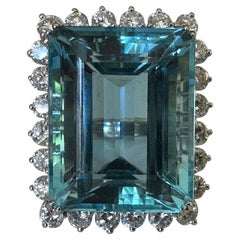 Retro 49.20-Carat Emerald-Cut Aquamarine and Diamond Cocktail Ring 