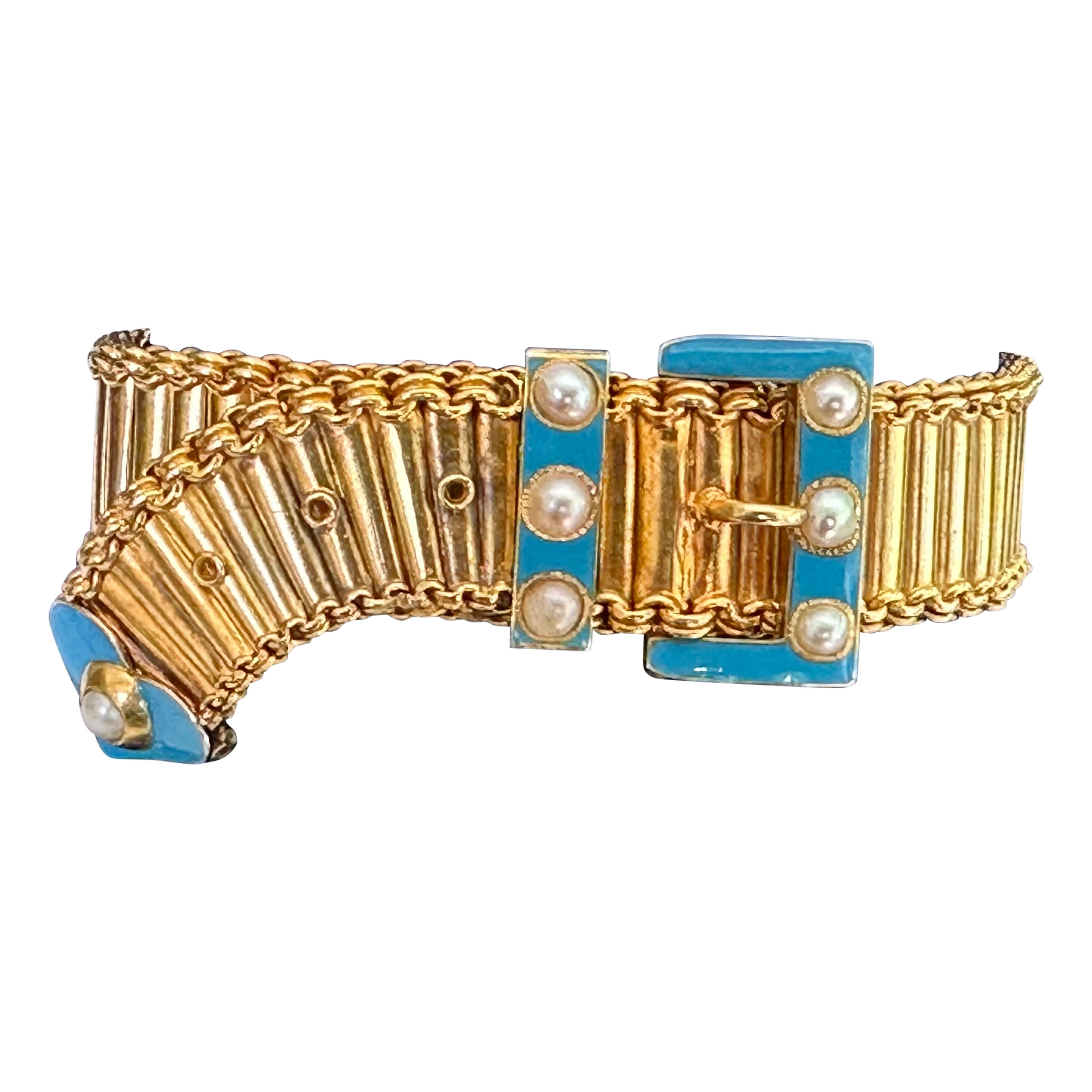 Antique Victorian Pearl and Blue Enamel Belt Buckle Bracelet  For Sale
