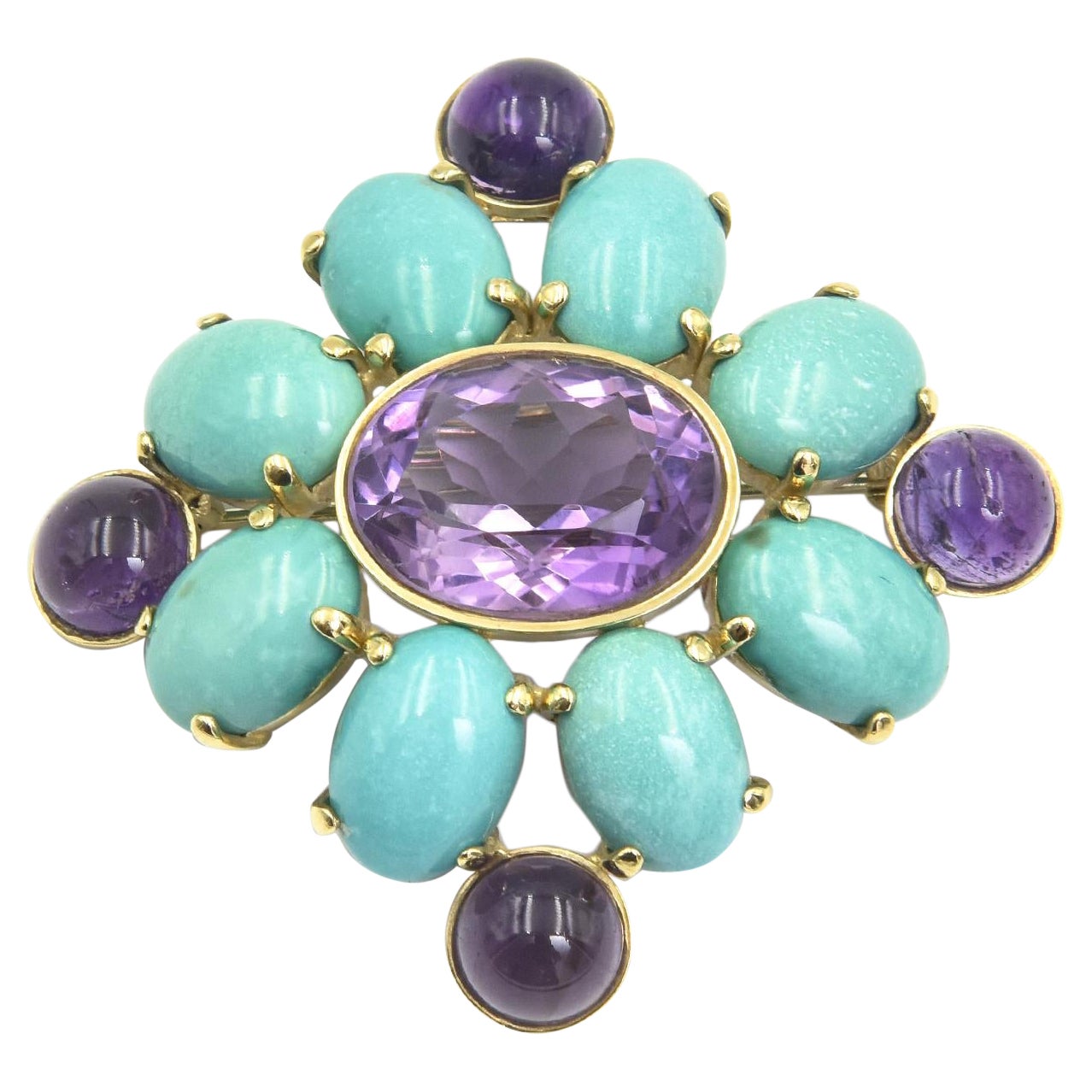 Amethyst and Turquoise Maltese Cross Yellow Gold Brooch For Sale