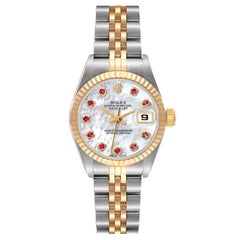 Rolex Datejust Steel Yellow Gold Mother of Pearl Ruby Ladies Watch 69173