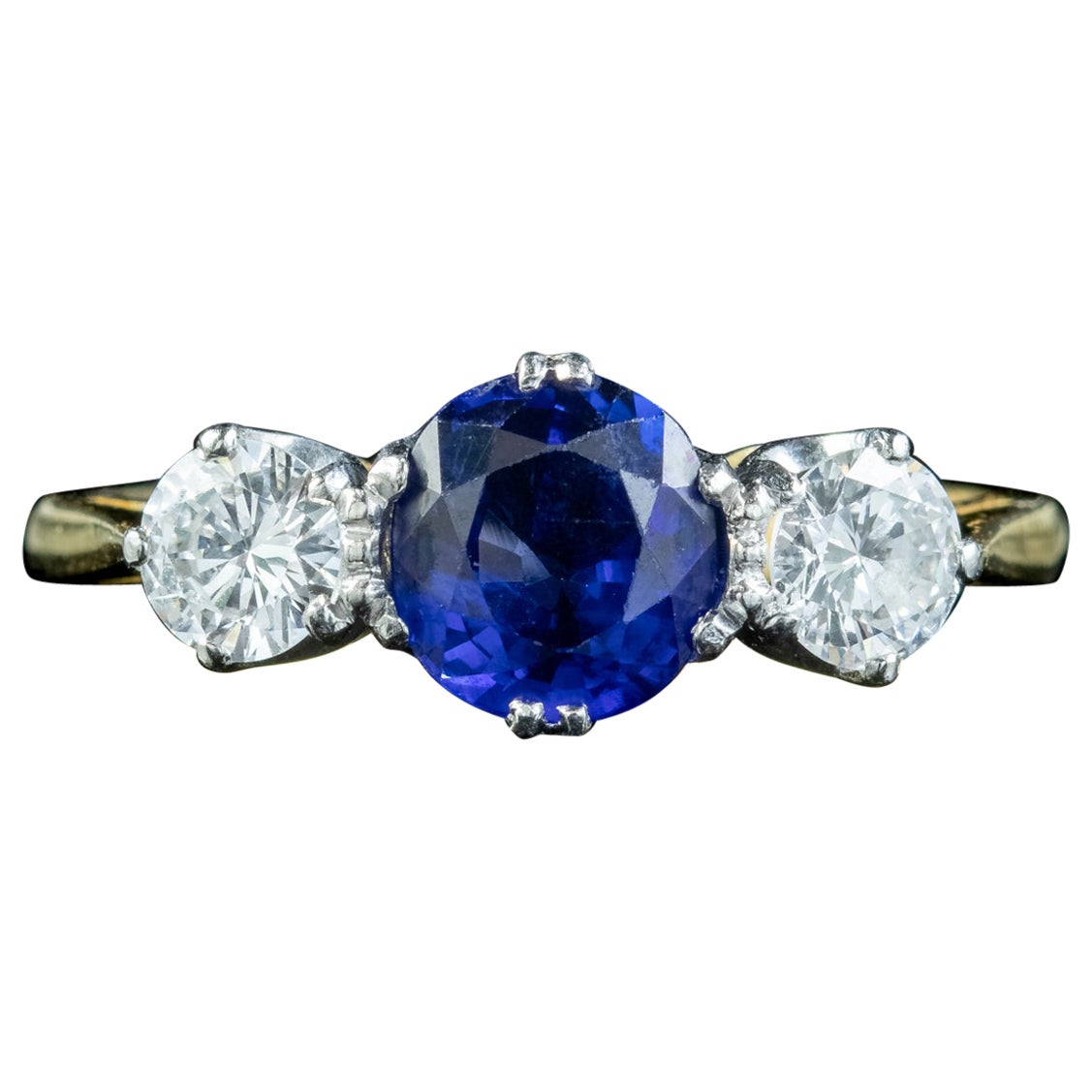 Antique Edwardian Ceylon Sapphire Diamond Trilogy Ring 1.51ct Sapphire With Cert For Sale