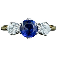 Antique Edwardian Ceylon Sapphire Diamond Trilogy Ring 1.51ct Sapphire With Cert